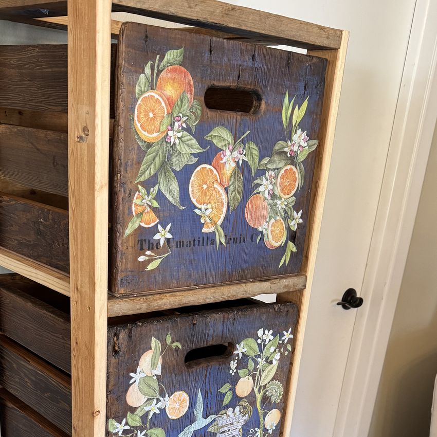 Vintage crates refinished with IOD decor transfers