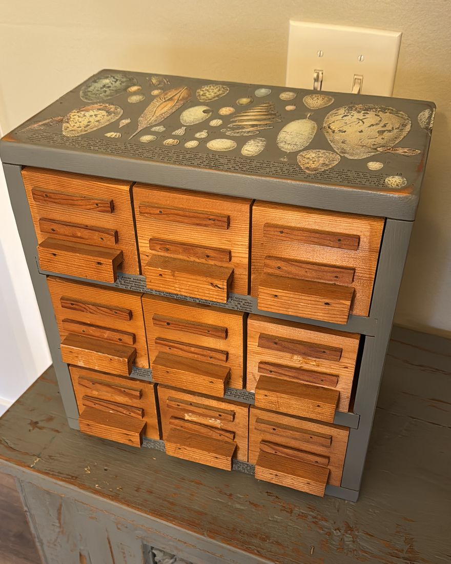 A vintage drawer cabinet refinished with IOD transfers